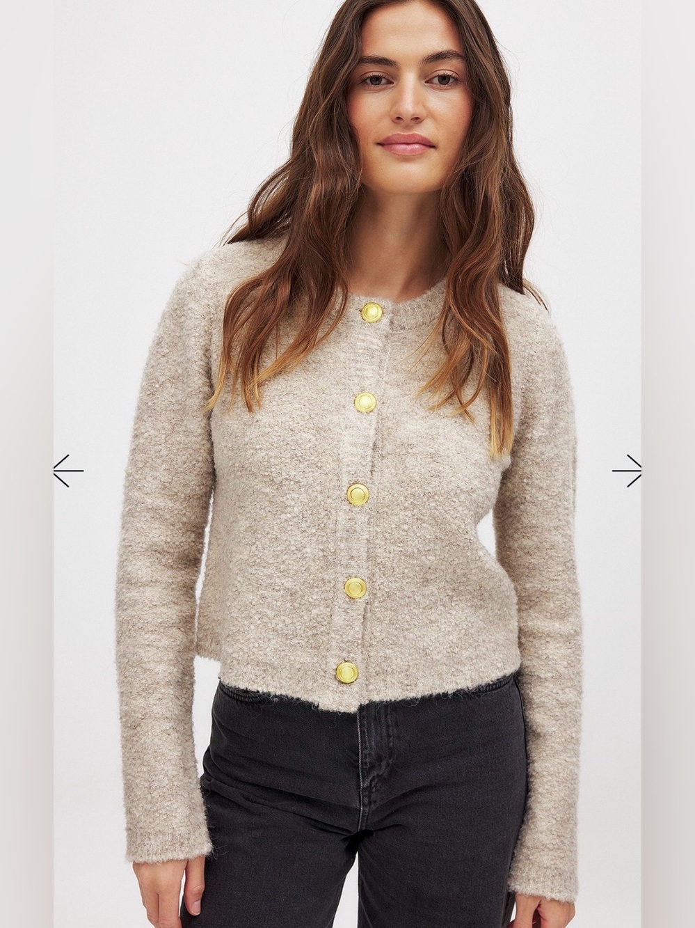 NA-KD Textured Beige Boucle Preppy Cardigan Size Small